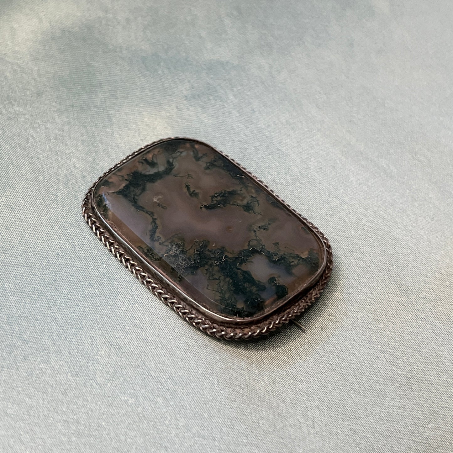 Victorian Silver Moss Agate Rectangle Brooch