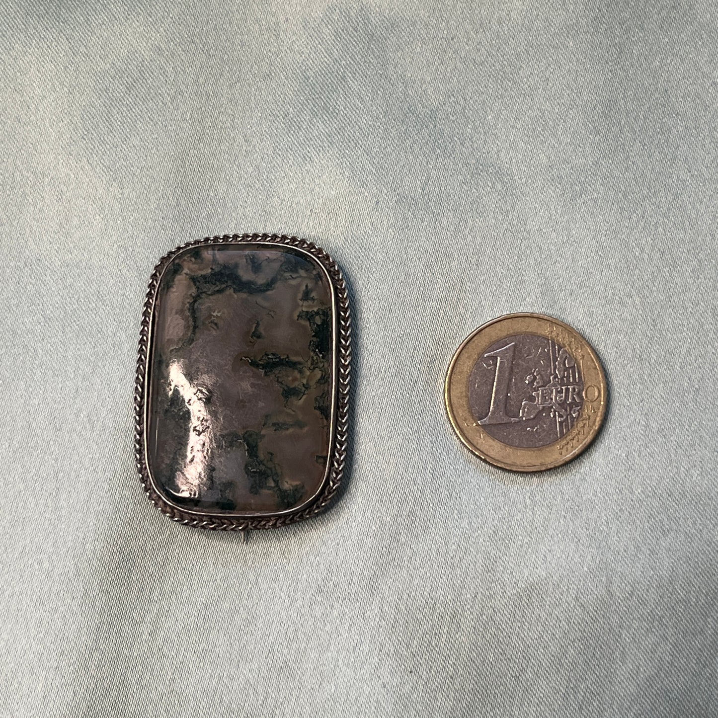 Victorian Silver Moss Agate Rectangle Brooch