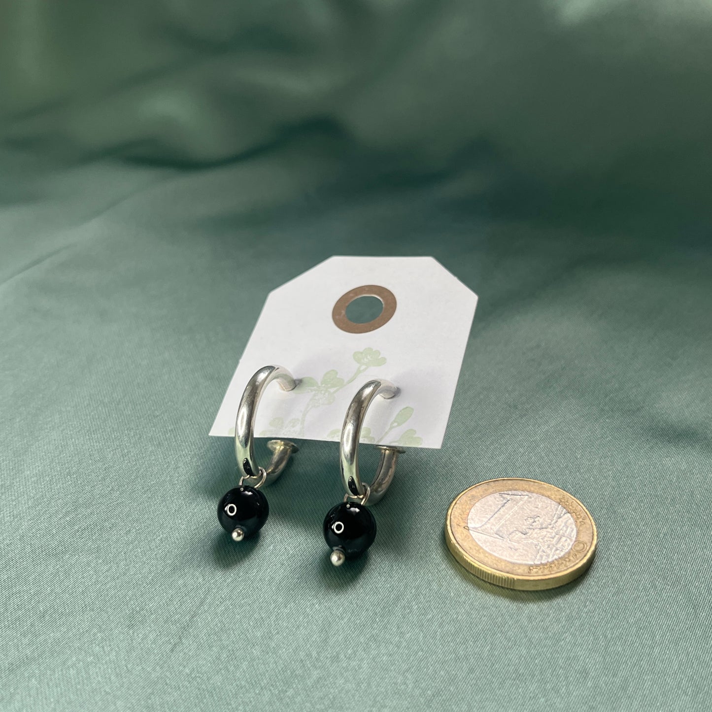 Silver Chunky Hoop Earrings With Black Stone