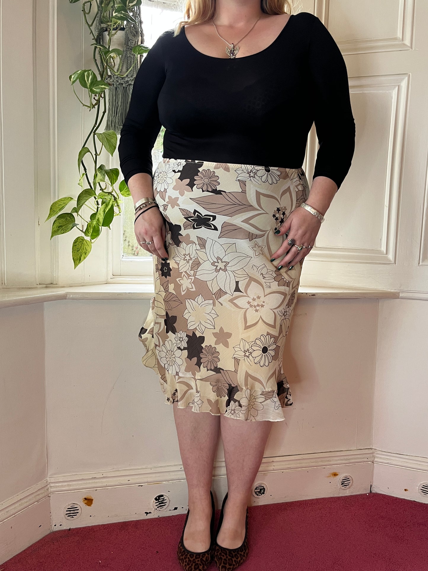 Vintage Brown Floral Mesh Midi Skirt - UK 18