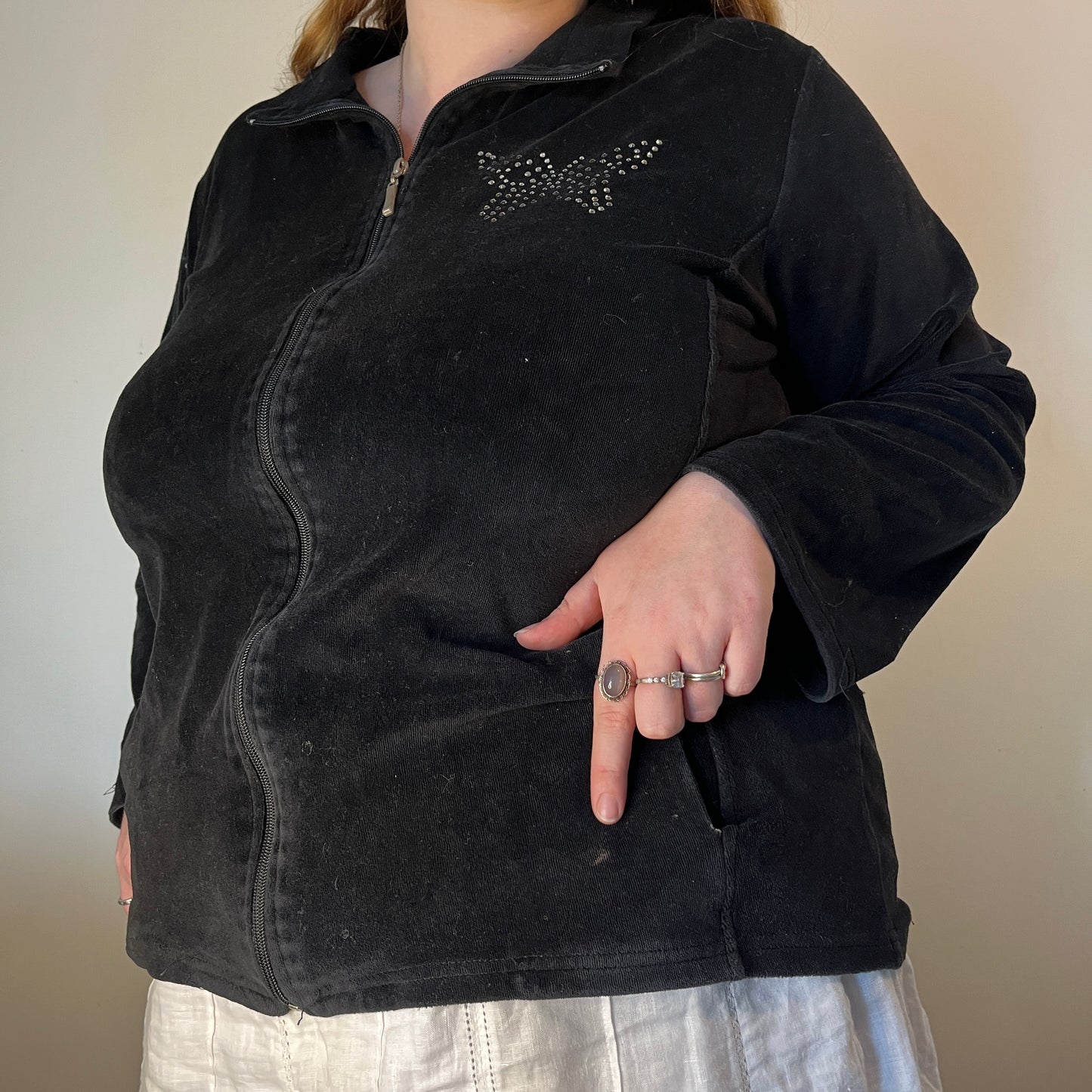 Vintage Black Velour Butterfly Zip-Up - UK 22