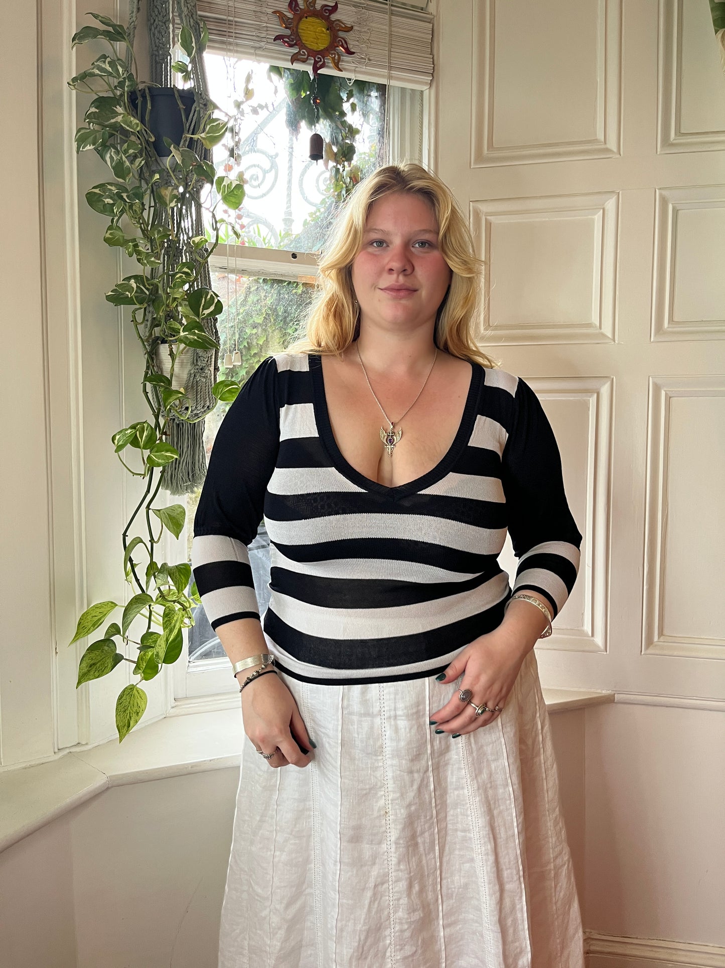 Vintage Black and White Striped Top - UK 18