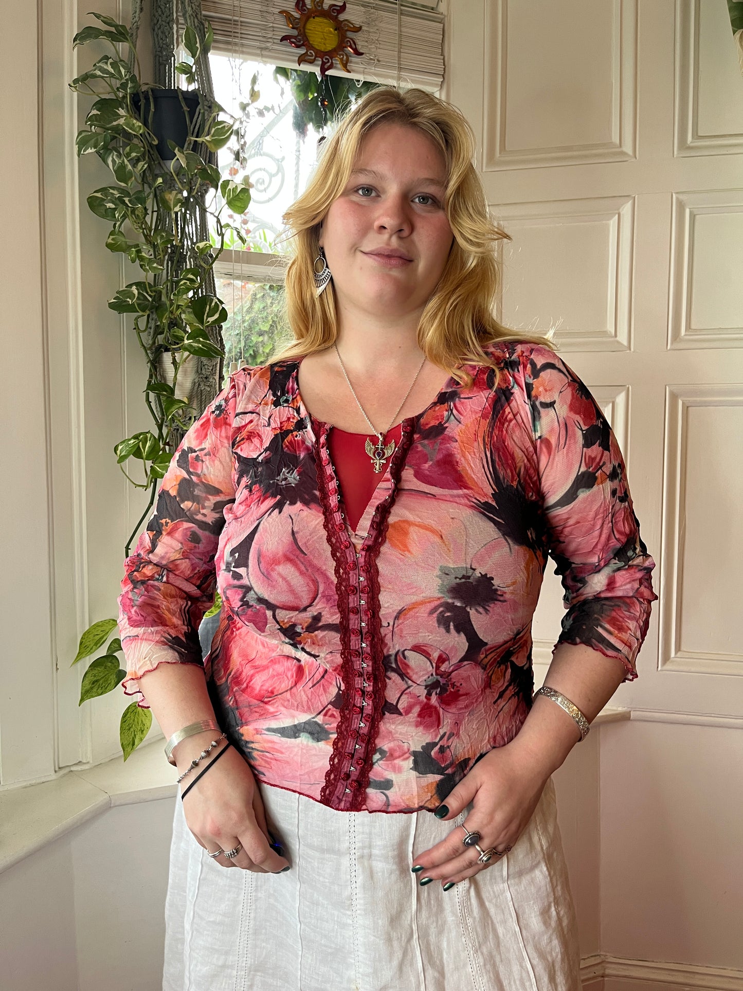 Vintage Pink Floral Mesh Top - UK 16