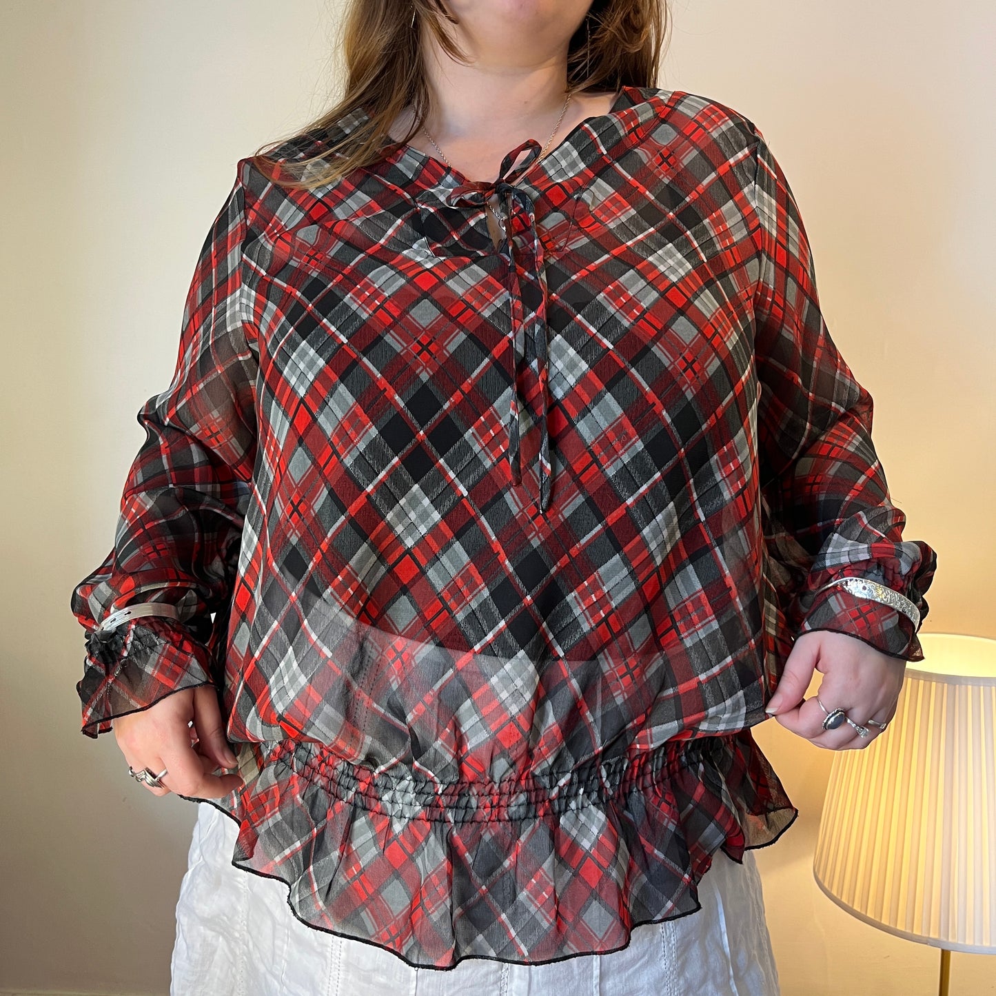 Vintage red plaid sheer blouse - UK 22