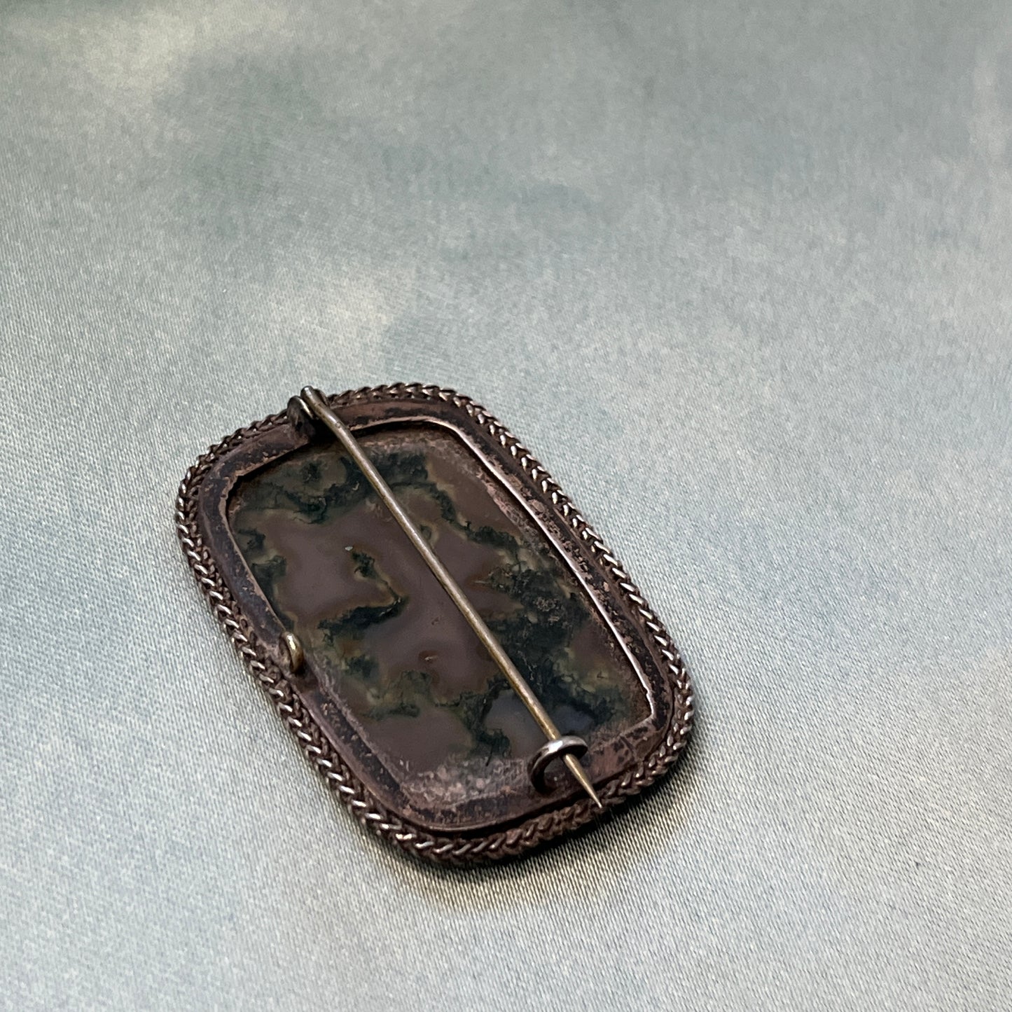 Victorian Silver Moss Agate Rectangle Brooch