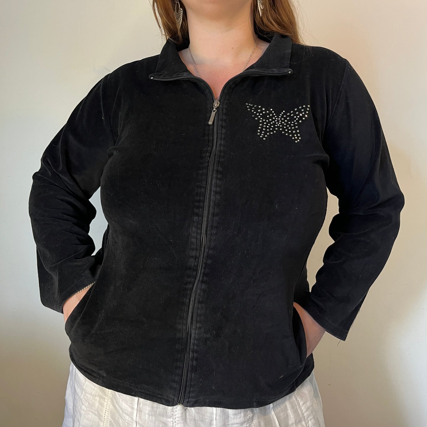 Vintage Black Velour Butterfly Zip-Up - UK 22