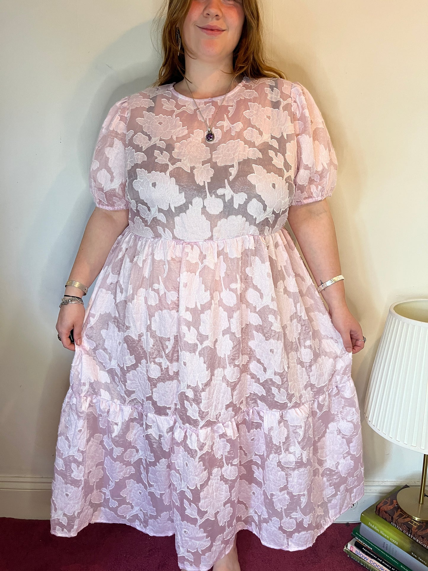 Pink Sheer Puff-Sleeve Floral Dress – UK 26