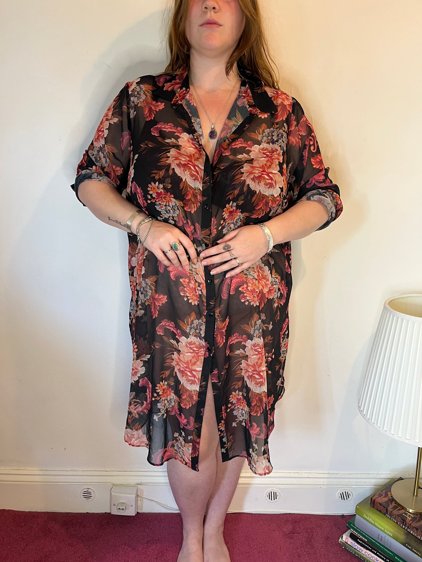 Black Sheer Floral Shirt Dress – UK 24