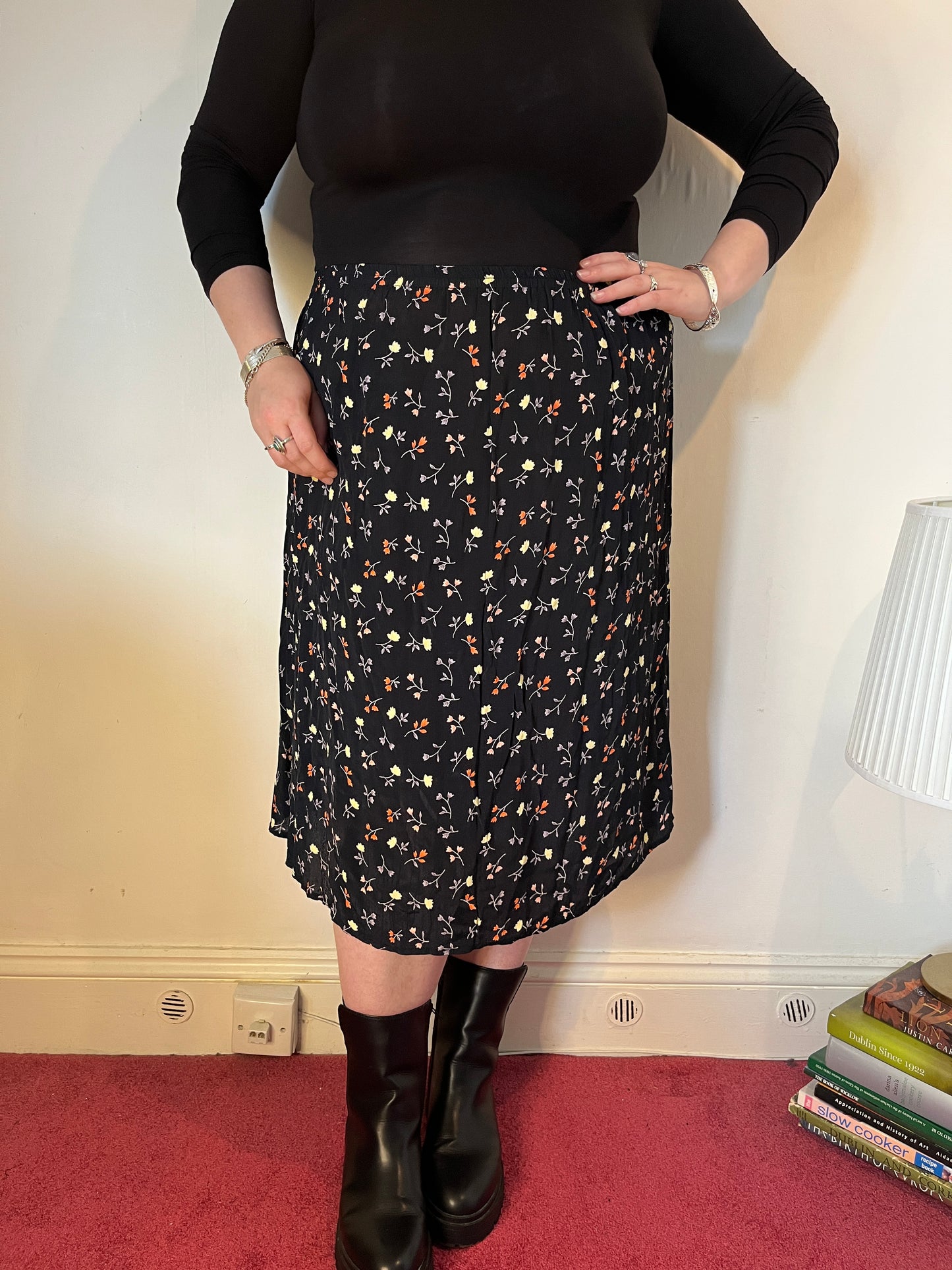 Vintage Black Floral Midi Skirt – UK 26