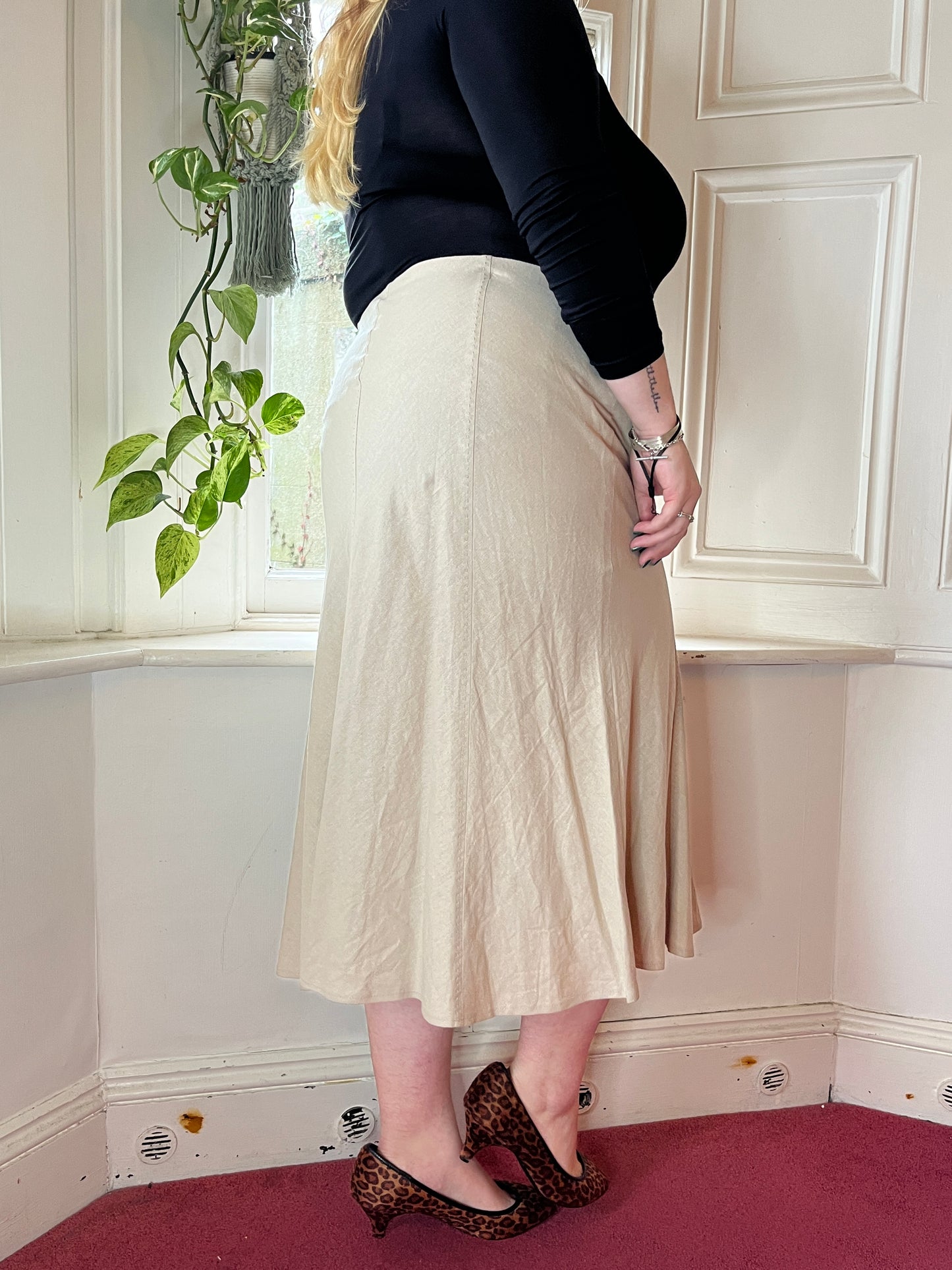 Vintage Beige Linen Maxi Skirt - UK 20