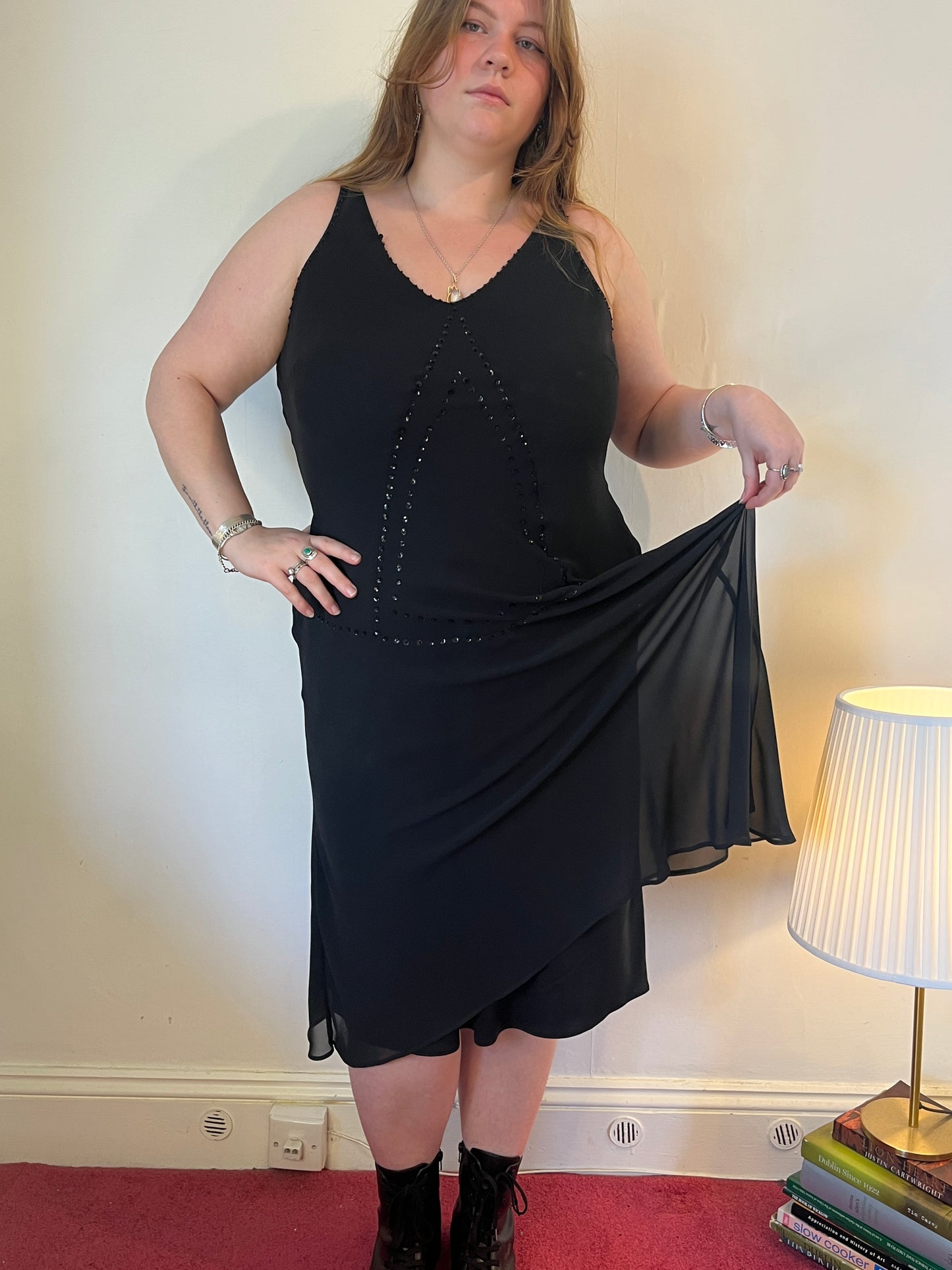 Vintage black chiffon sequin occasion dress - UK 22