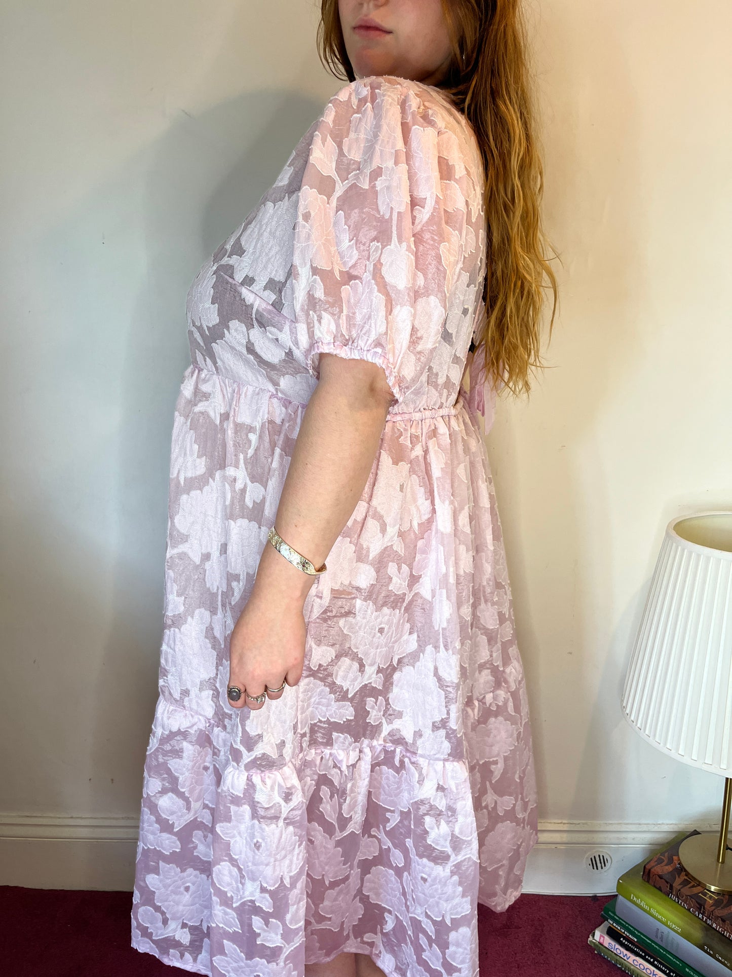 Pink Sheer Puff-Sleeve Floral Dress – UK 26