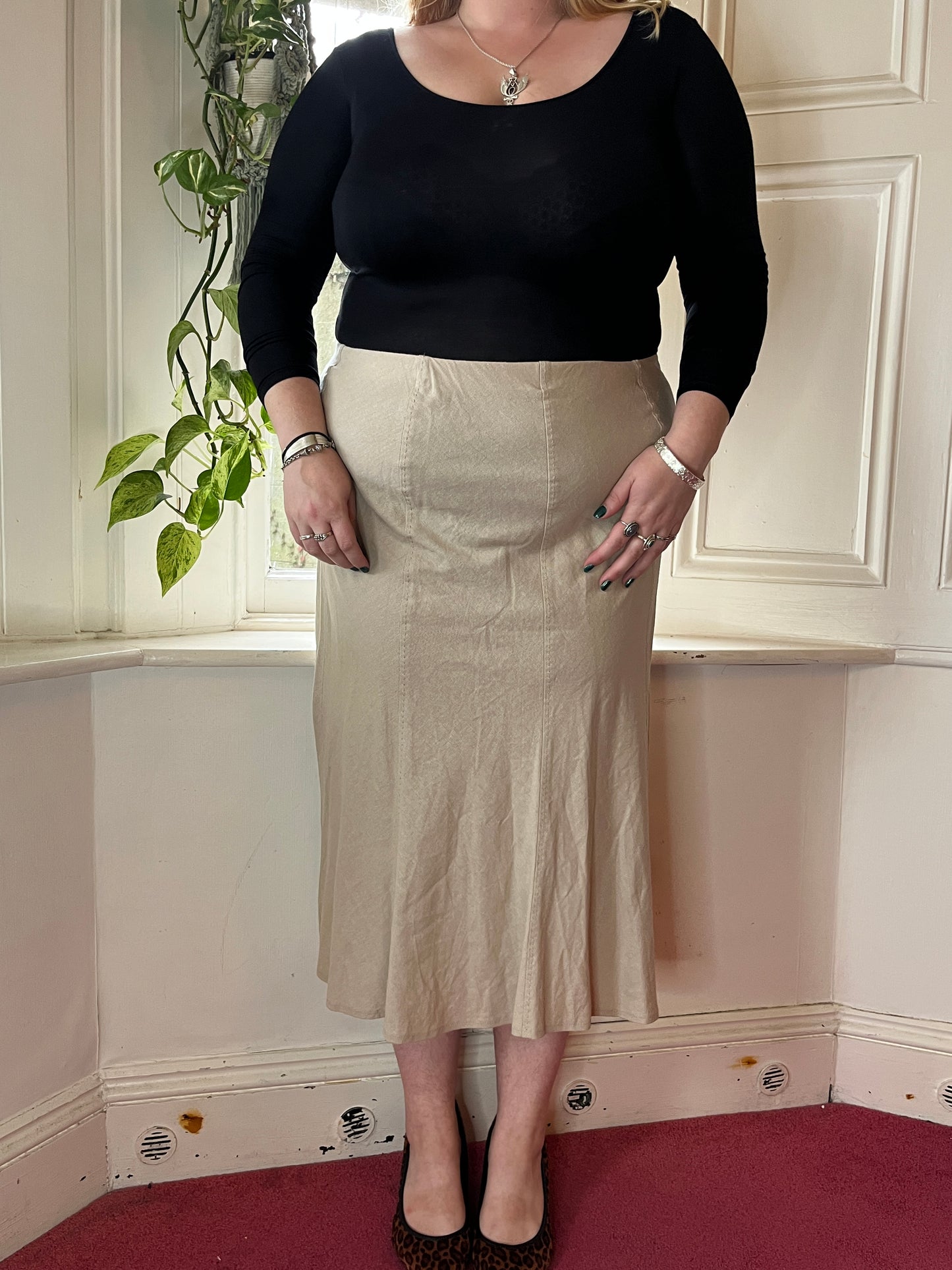 Vintage Beige Linen Maxi Skirt - UK 20
