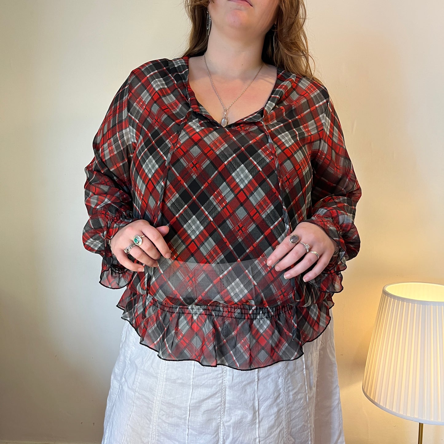 Vintage red plaid sheer blouse - UK 22