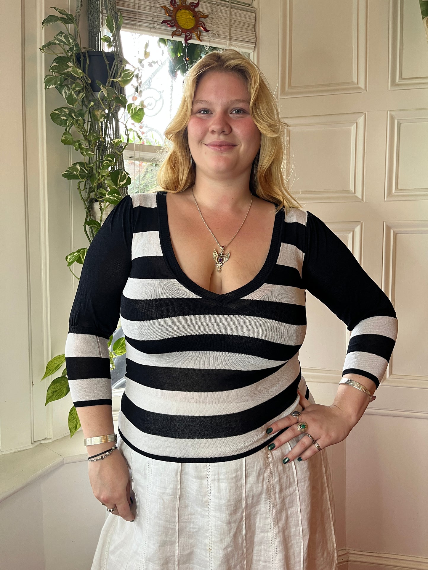 Vintage Black and White Striped Top - UK 18