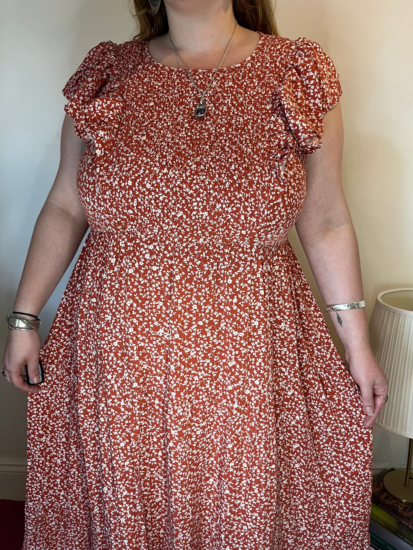 Rust Floral Ruffle Midi Dress – UK 20
