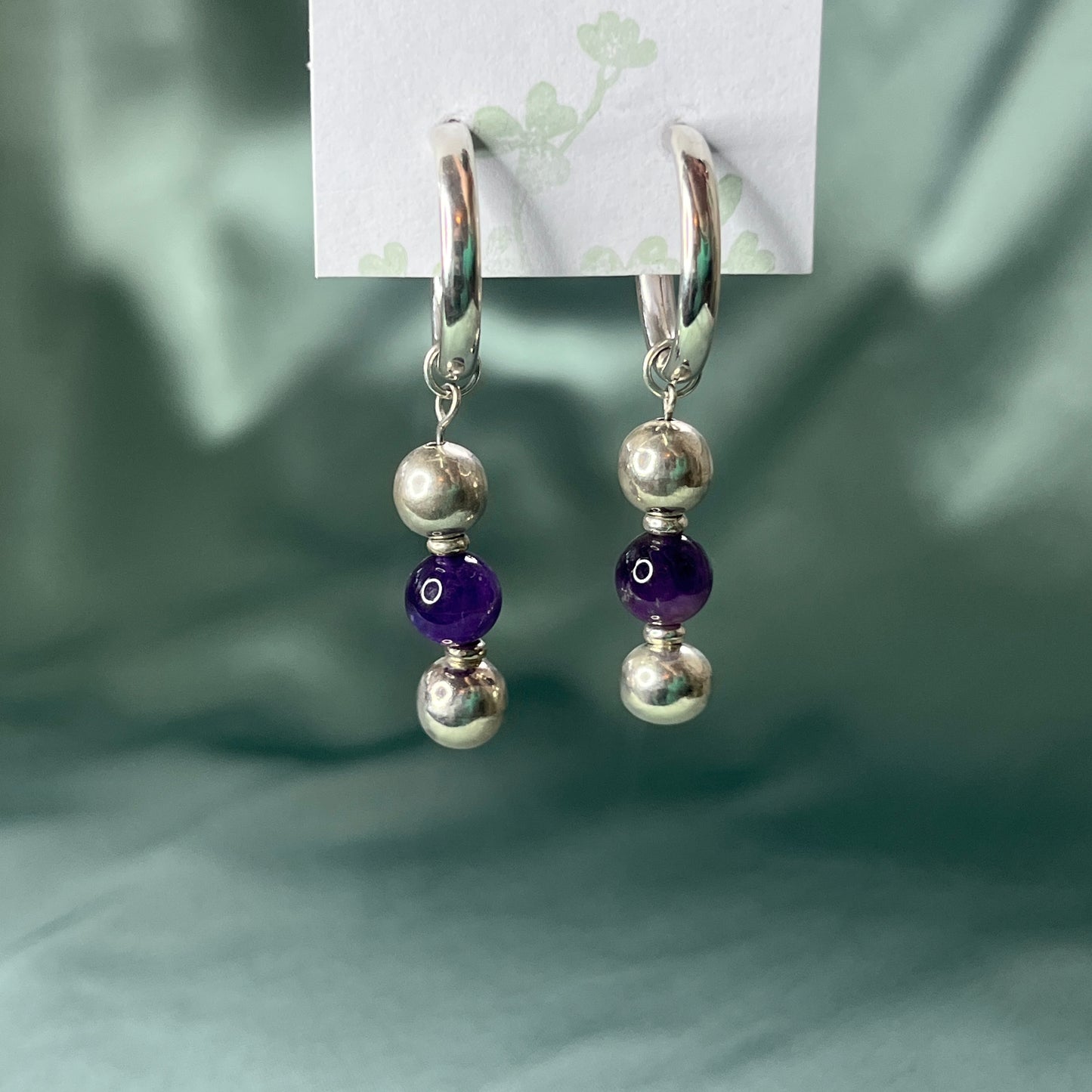 Silver Chunky Hoop Earrings With Silver and Amethyst Beads