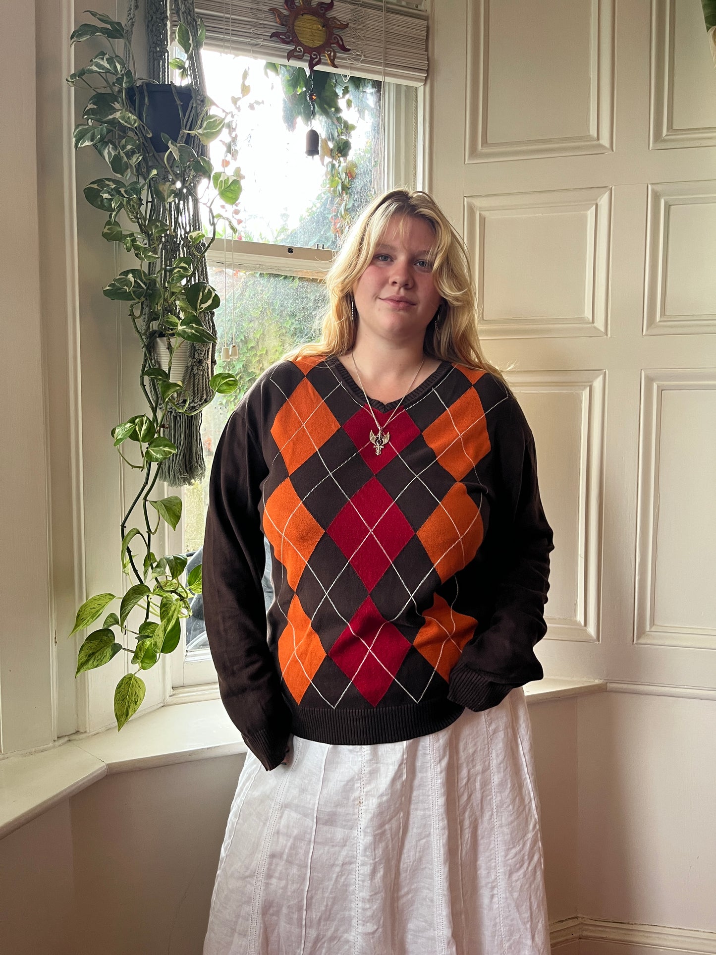 Vintage Red and Orange Argyle Jumper - UK 24