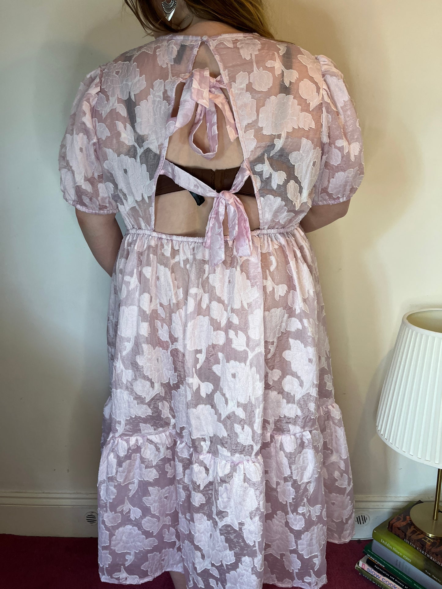 Pink Sheer Puff-Sleeve Floral Dress – UK 26