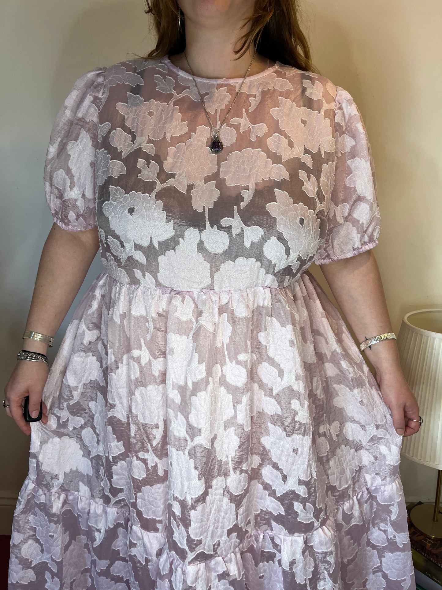 Pink Sheer Puff-Sleeve Floral Dress – UK 26
