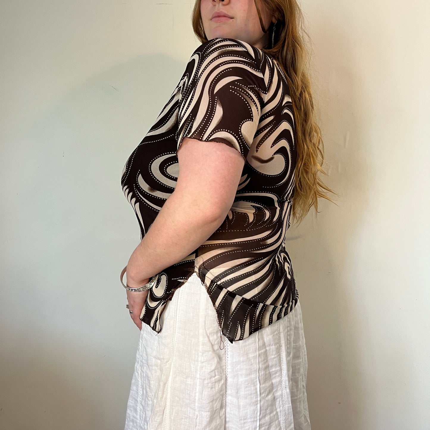 Vintage brown swirl mesh top - UK 24