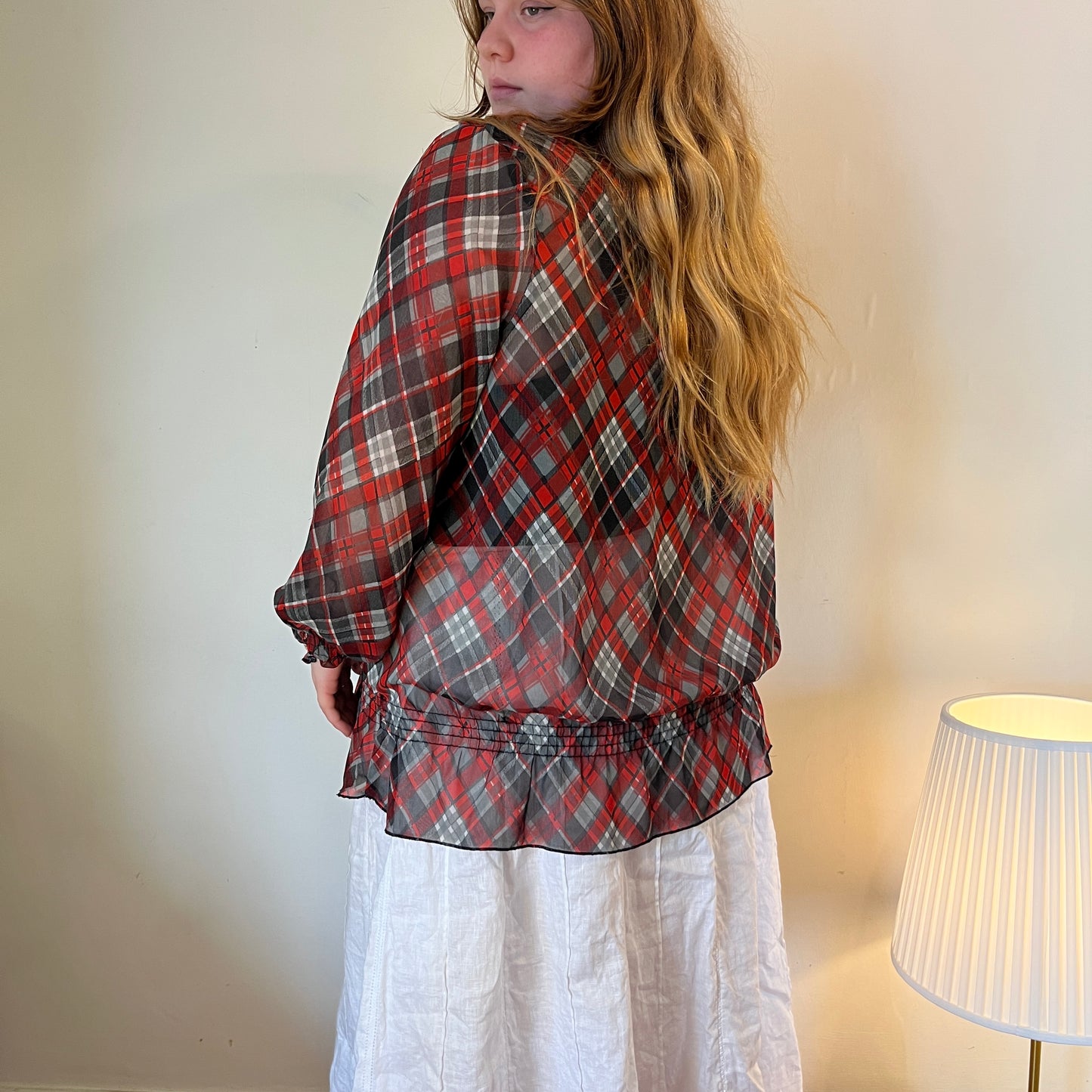 Vintage red plaid sheer blouse - UK 22