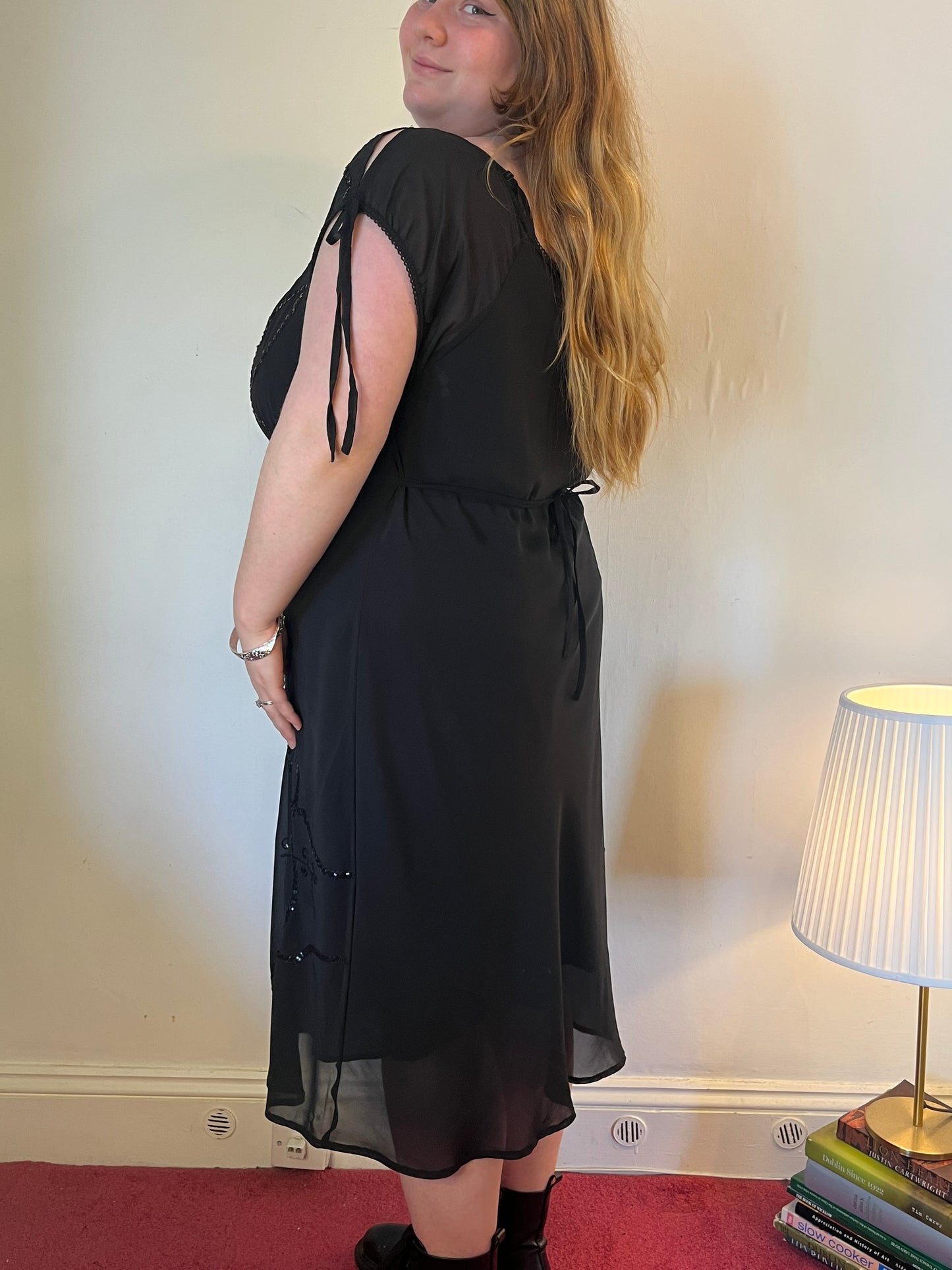 Vintage black sequin milkmaid dress - UK 26