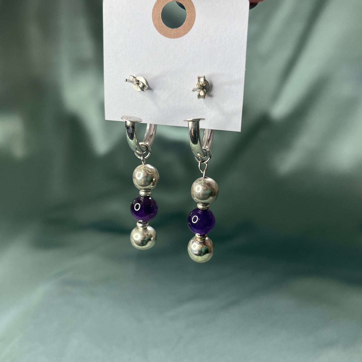 Silver Chunky Hoop Earrings With Silver and Amethyst Beads