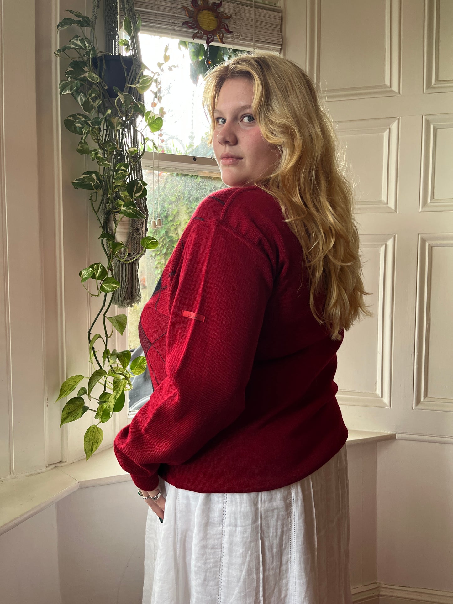 Vintage Red Argyle Jumper - UK 20