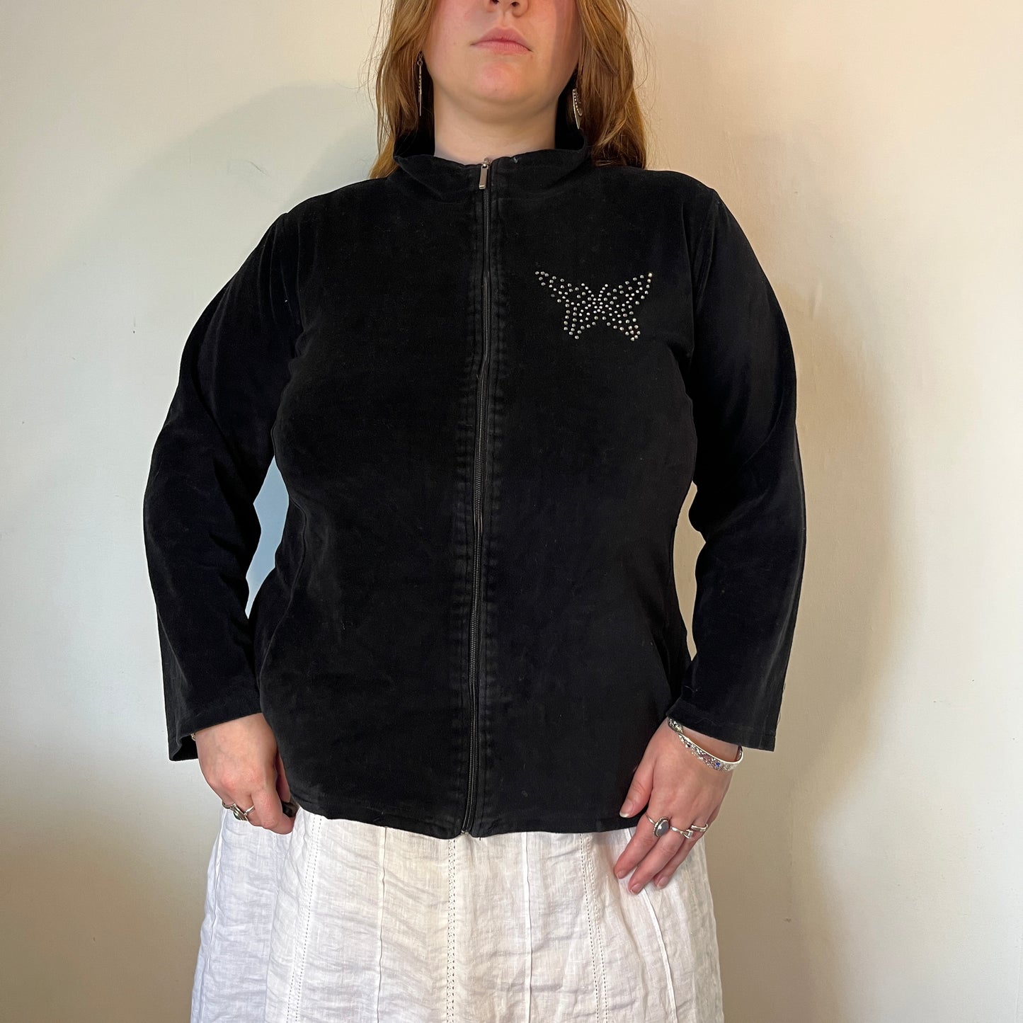 Vintage Black Velour Butterfly Zip-Up - UK 22
