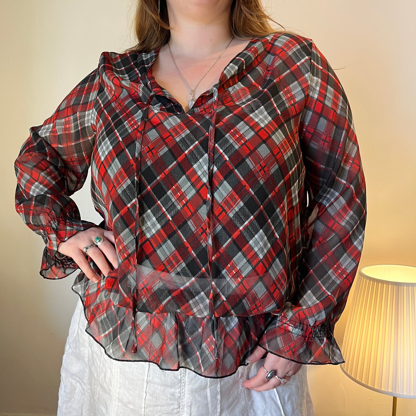 Vintage red plaid sheer blouse - UK 22