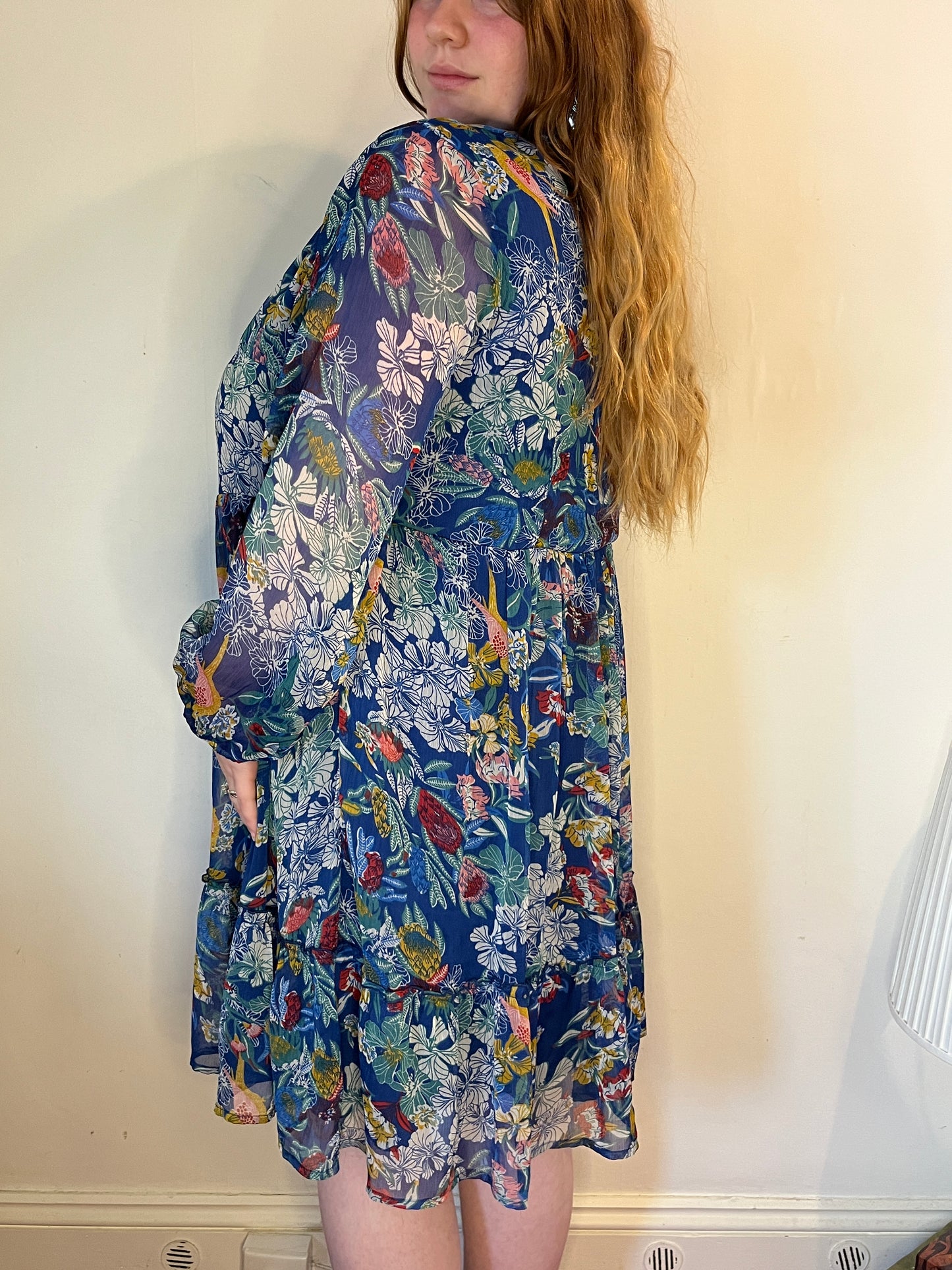 Blue floral button up midi dress - UK 22