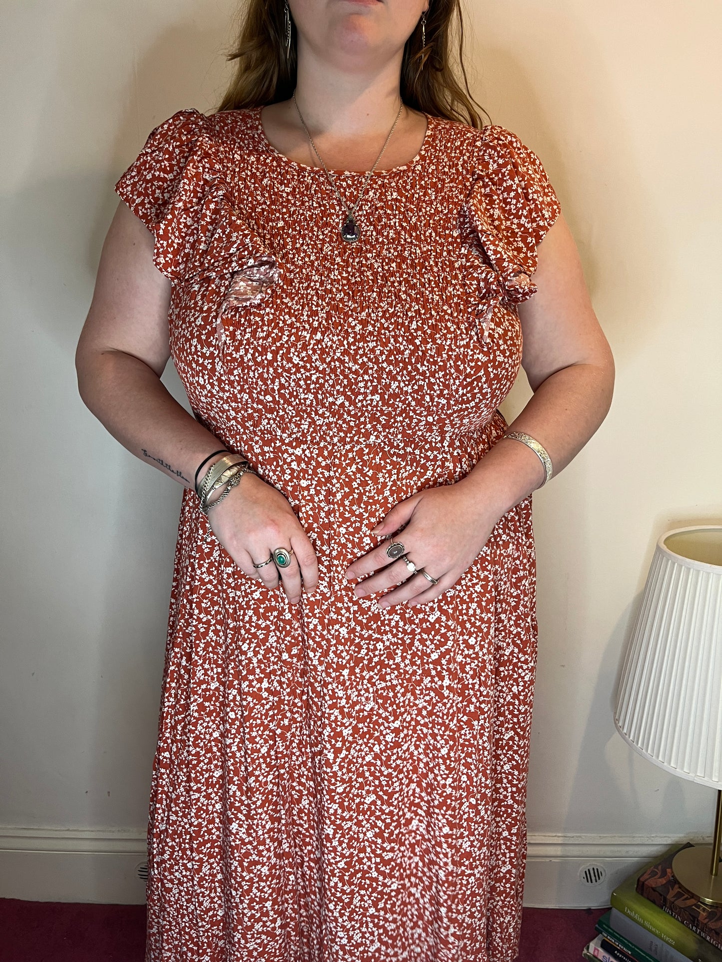 Rust Floral Ruffle Midi Dress – UK 20
