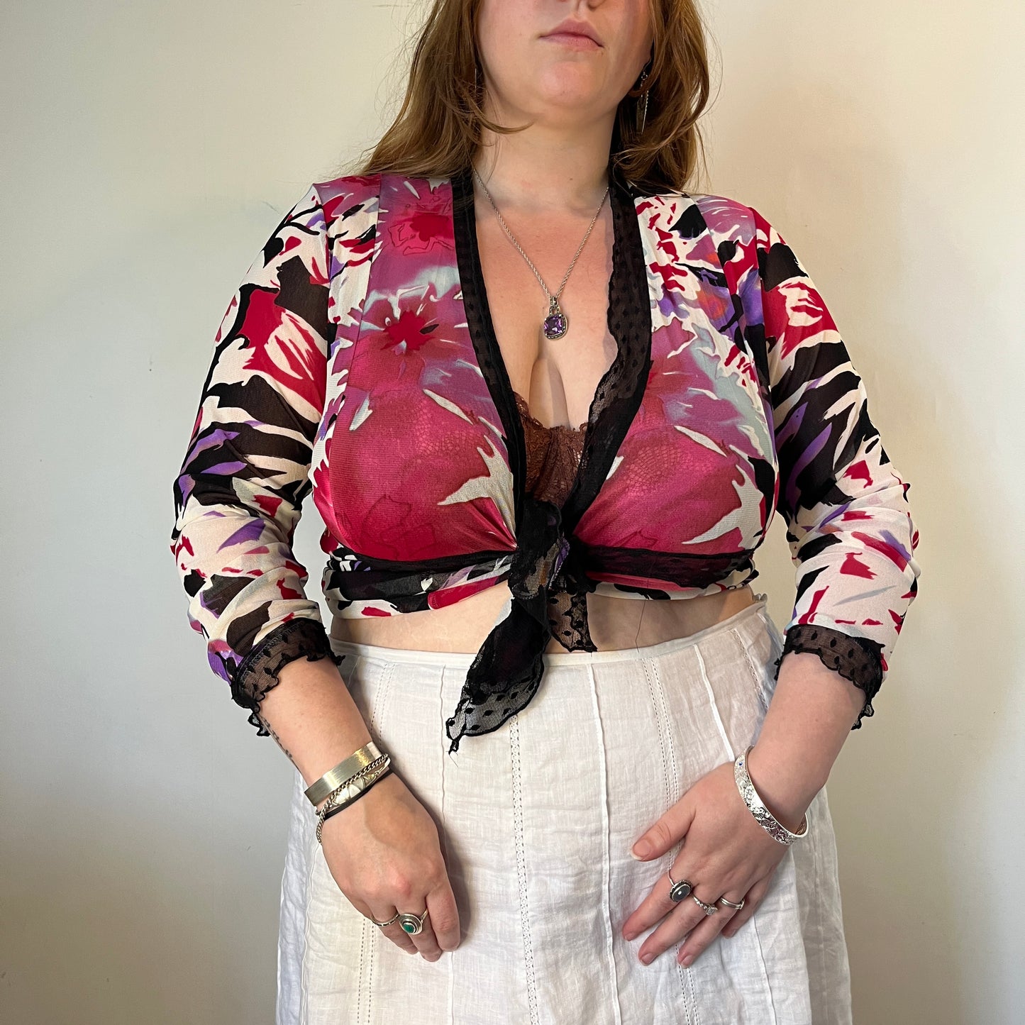 Sheer Floral Mesh Tie-Front Top – UK 18