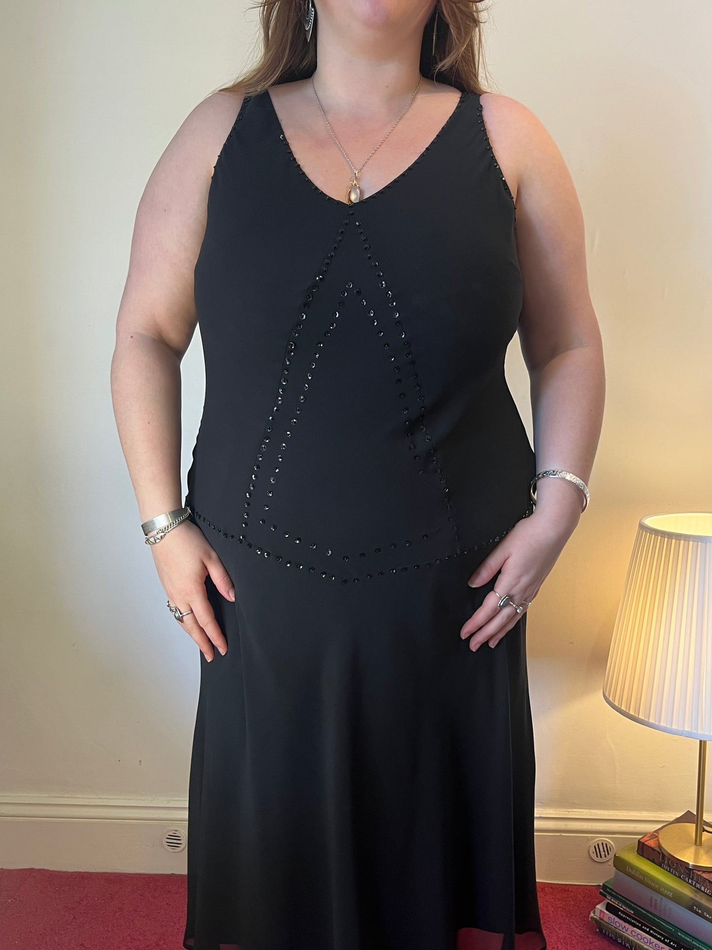 Vintage black chiffon sequin occasion dress - UK 22