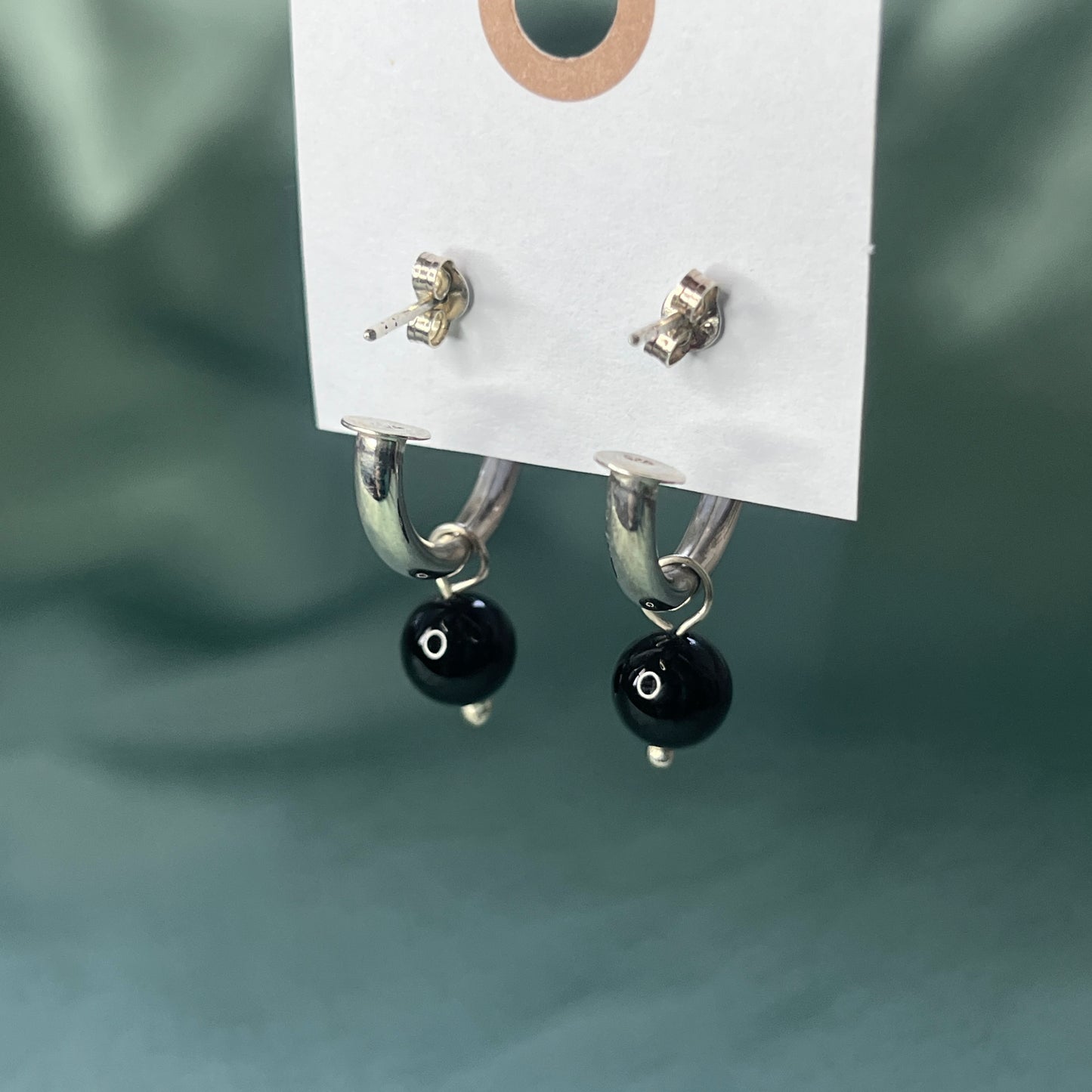 Silver Chunky Hoop Earrings With Black Stone