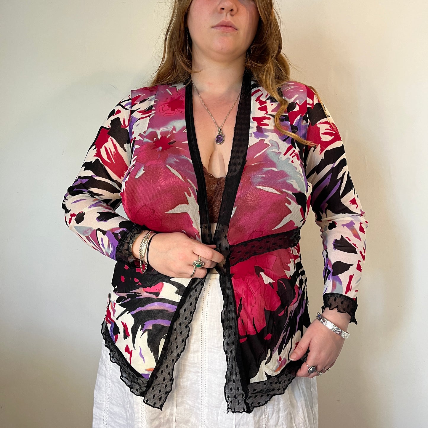 Sheer Floral Mesh Tie-Front Top – UK 18