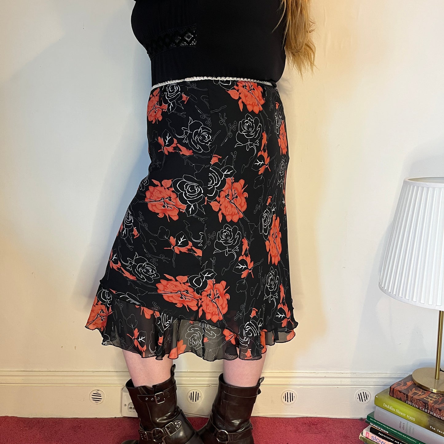 Vintage red and black floral chiffon midi skirt - UK 22
