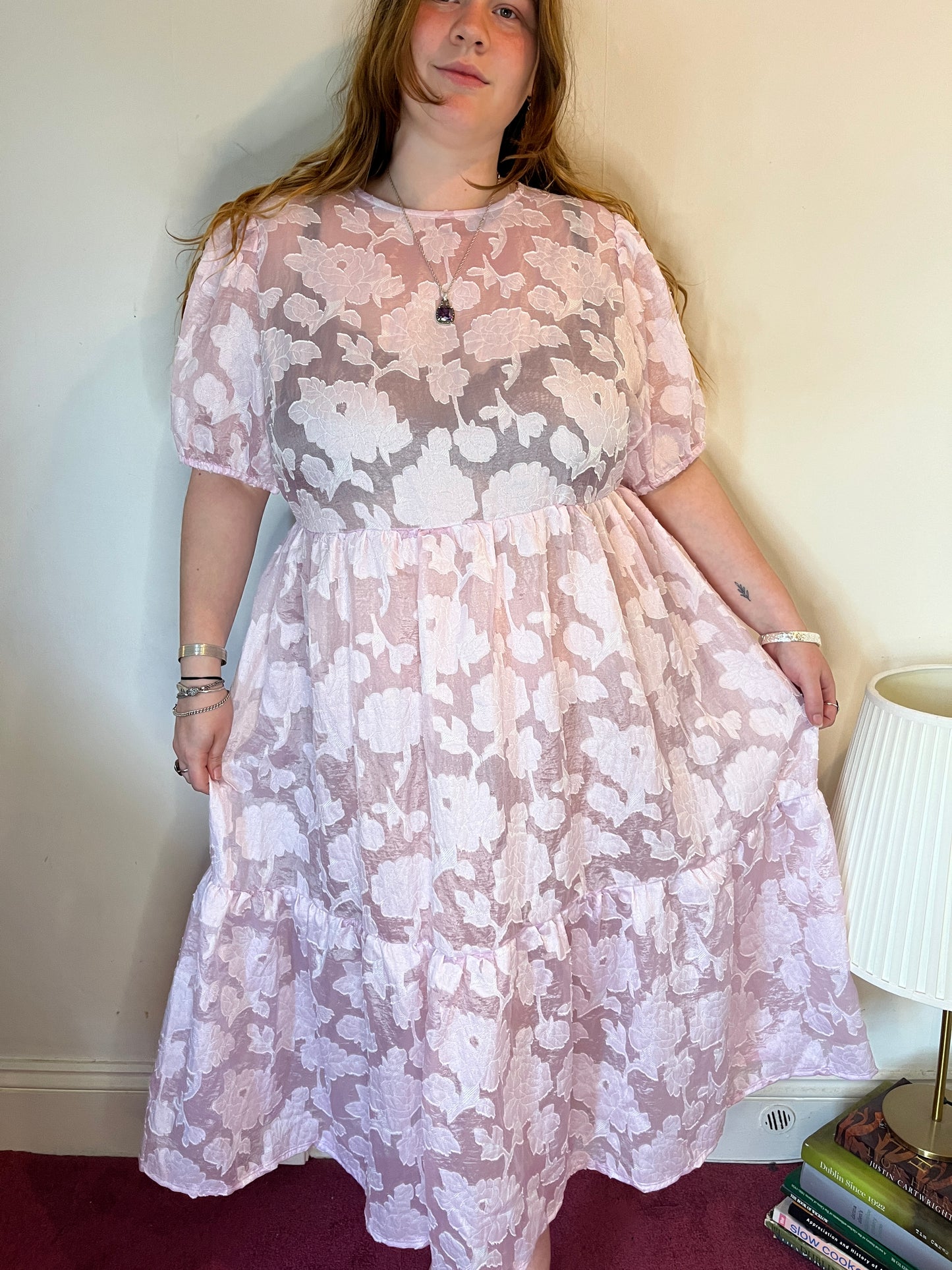 Pink Sheer Puff-Sleeve Floral Dress – UK 26