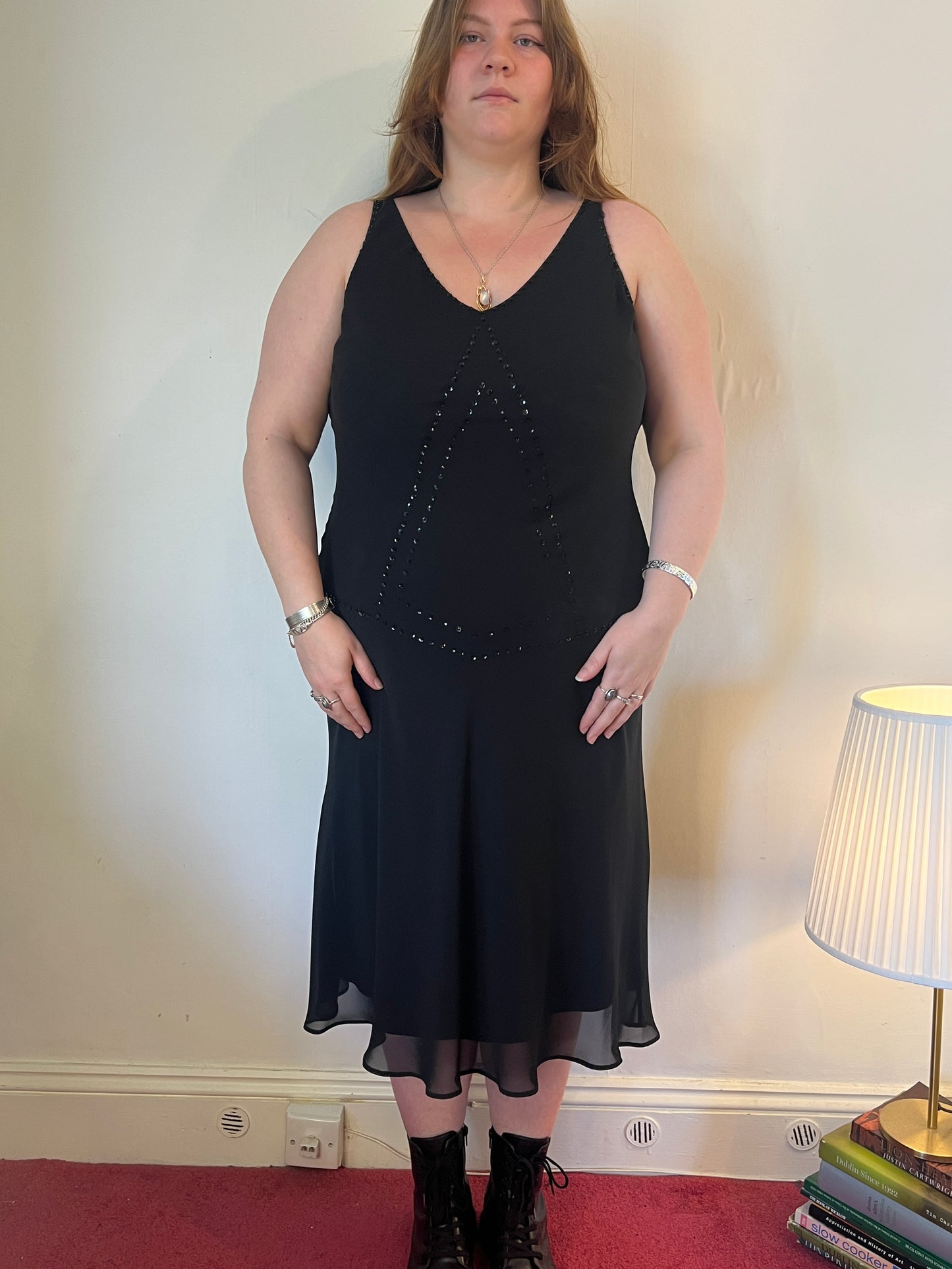Vintage black chiffon sequin occasion dress - UK 22