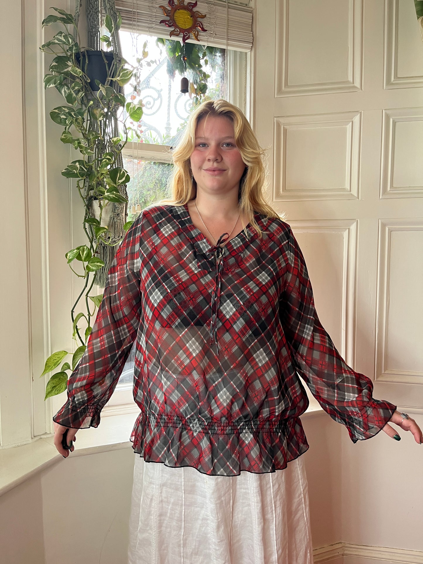 Vintage Sheer Plaid Blouse - UK 24