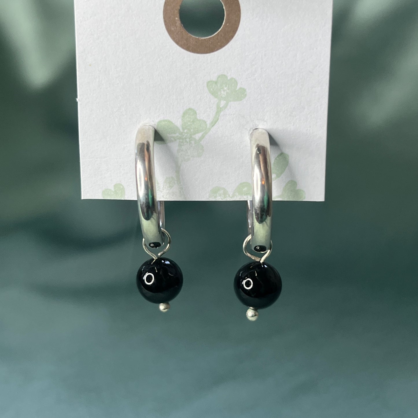 Silver Chunky Hoop Earrings With Black Stone
