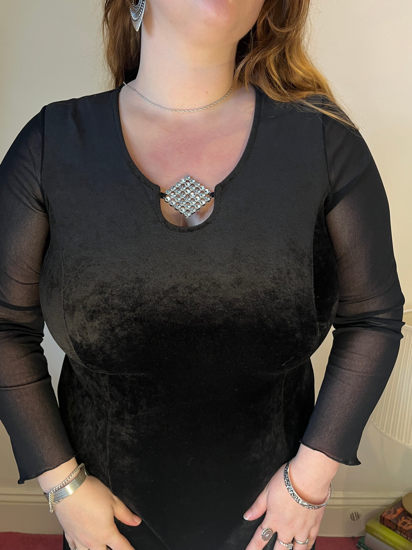 Vintage black velvet midi dress - UK 20