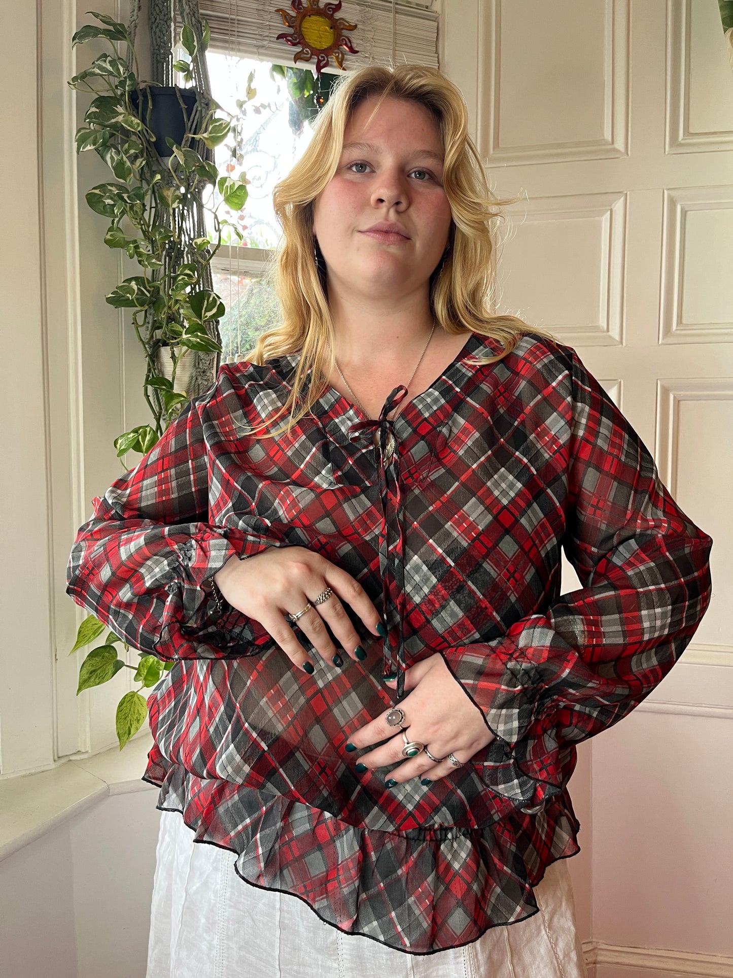 Vintage Sheer Plaid Blouse - UK 24