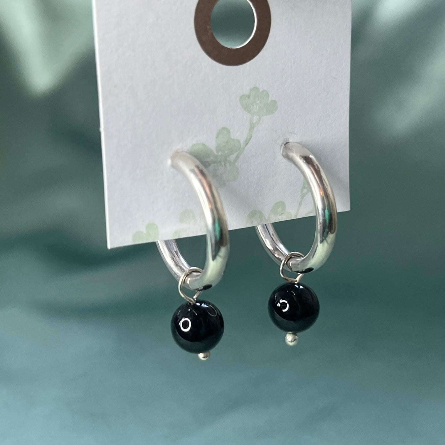 Silver Chunky Hoop Earrings With Black Stone