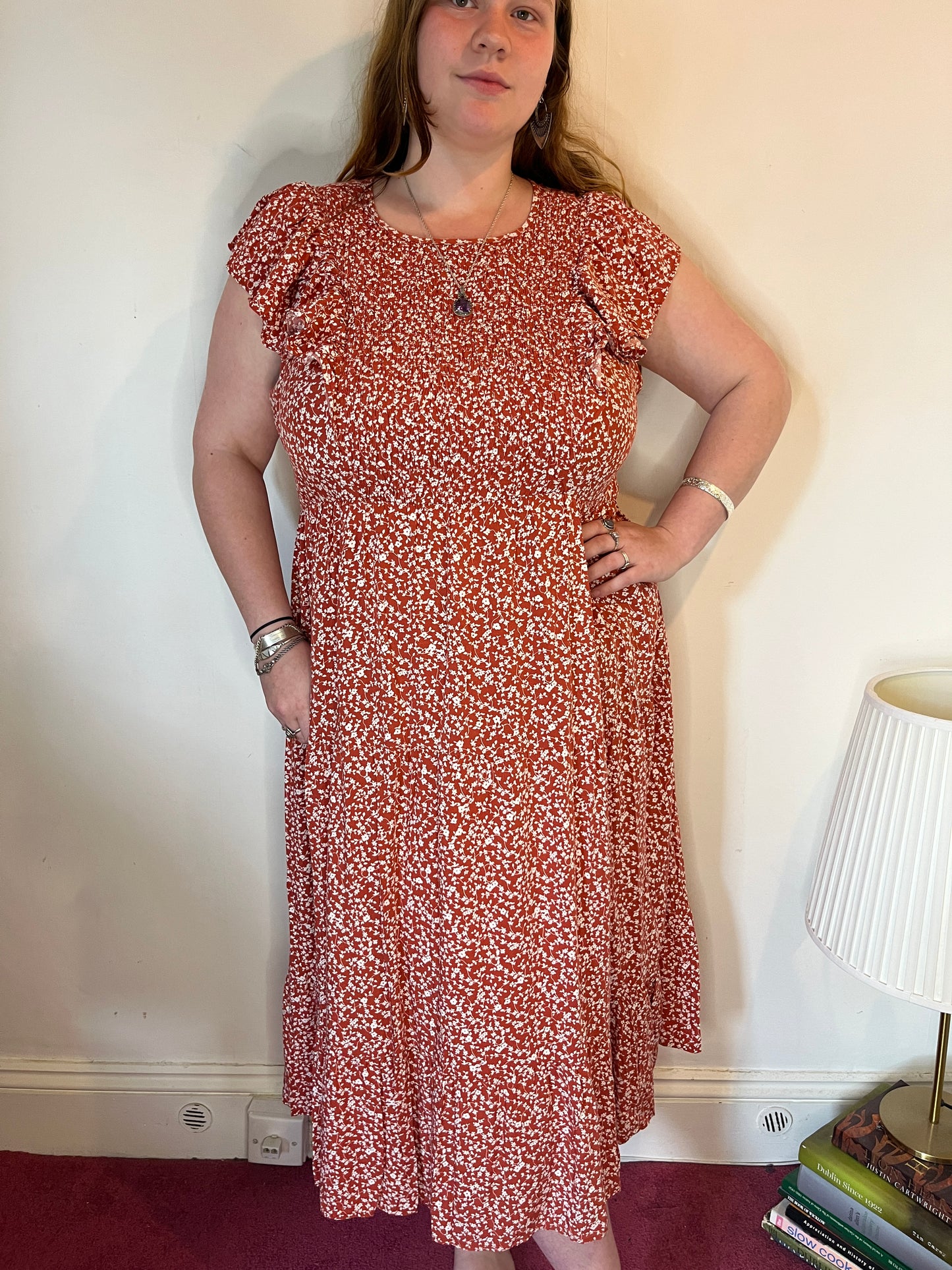 Rust Floral Ruffle Midi Dress – UK 20