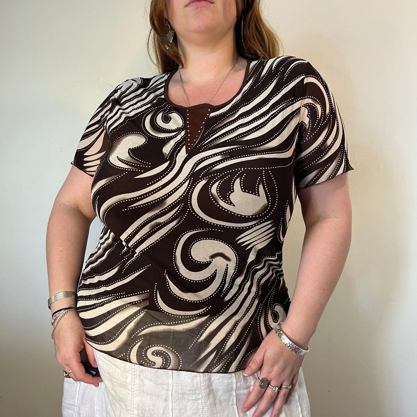 Vintage brown swirl mesh top - UK 24