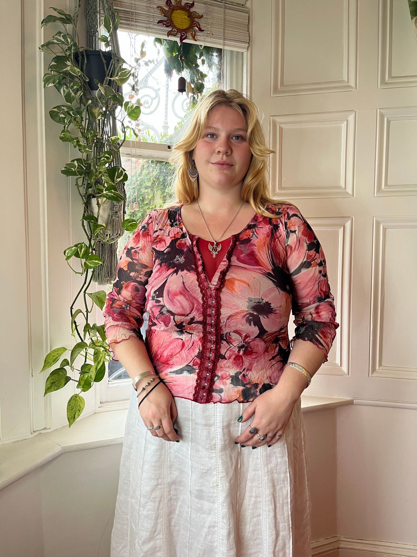 Vintage Pink Floral Mesh Top - UK 16
