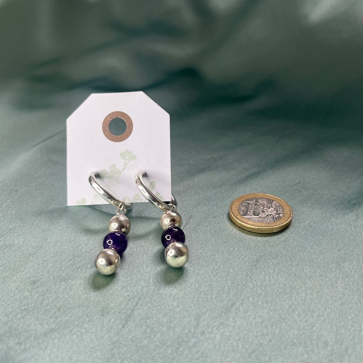 Silver Chunky Hoop Earrings With Silver and Amethyst Beads