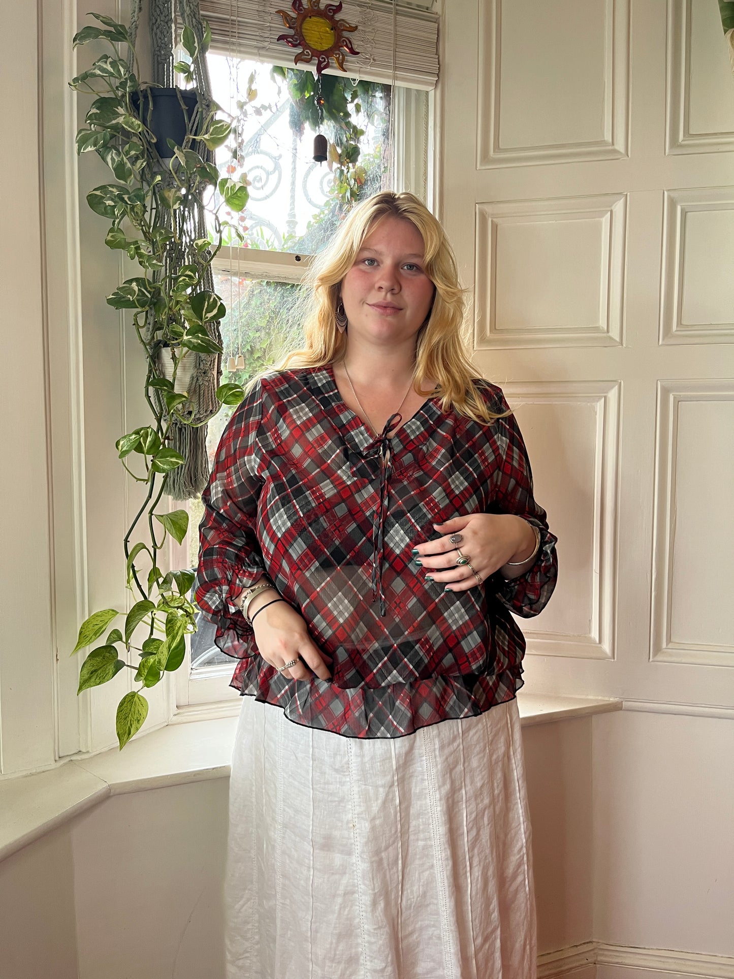Vintage Sheer Plaid Blouse - UK 24